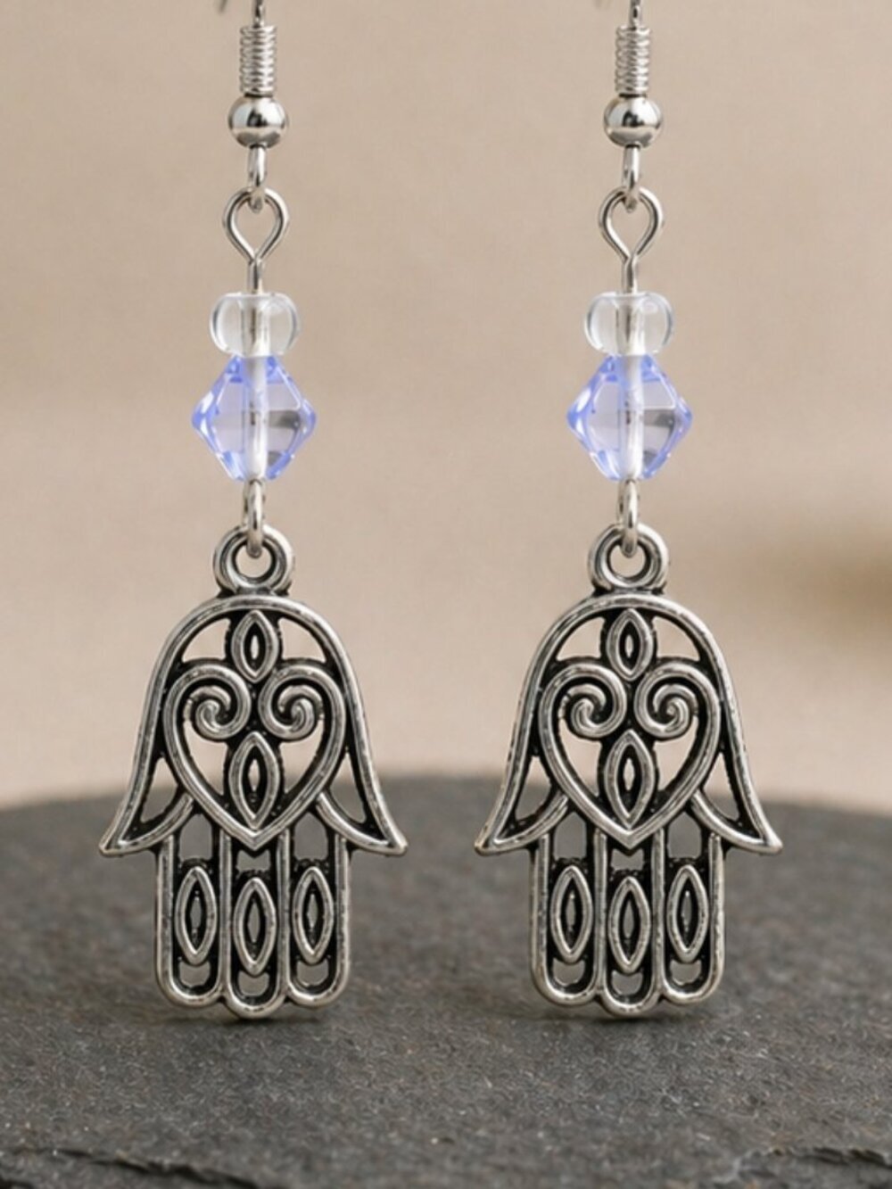 Handmade Hamsa Earrings with Blue Crystal